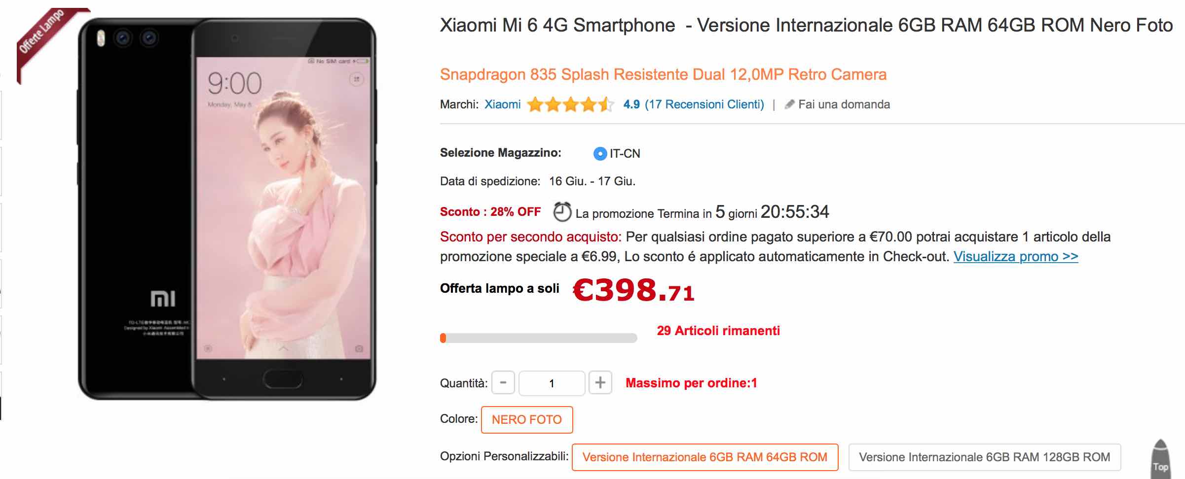 Xiaomi Mi6 inizia a scontarsi.Offerta a 398€ in versione 